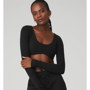 Alo Ribbed Defined Long Sleeve Bra XS Black